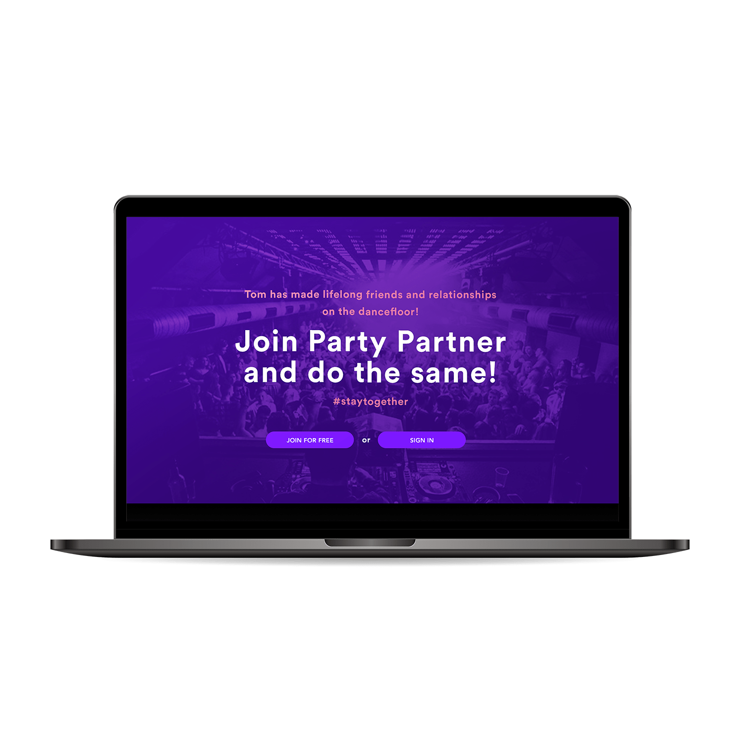 Link to Party Partner page. Party Partner homepage on laptop.