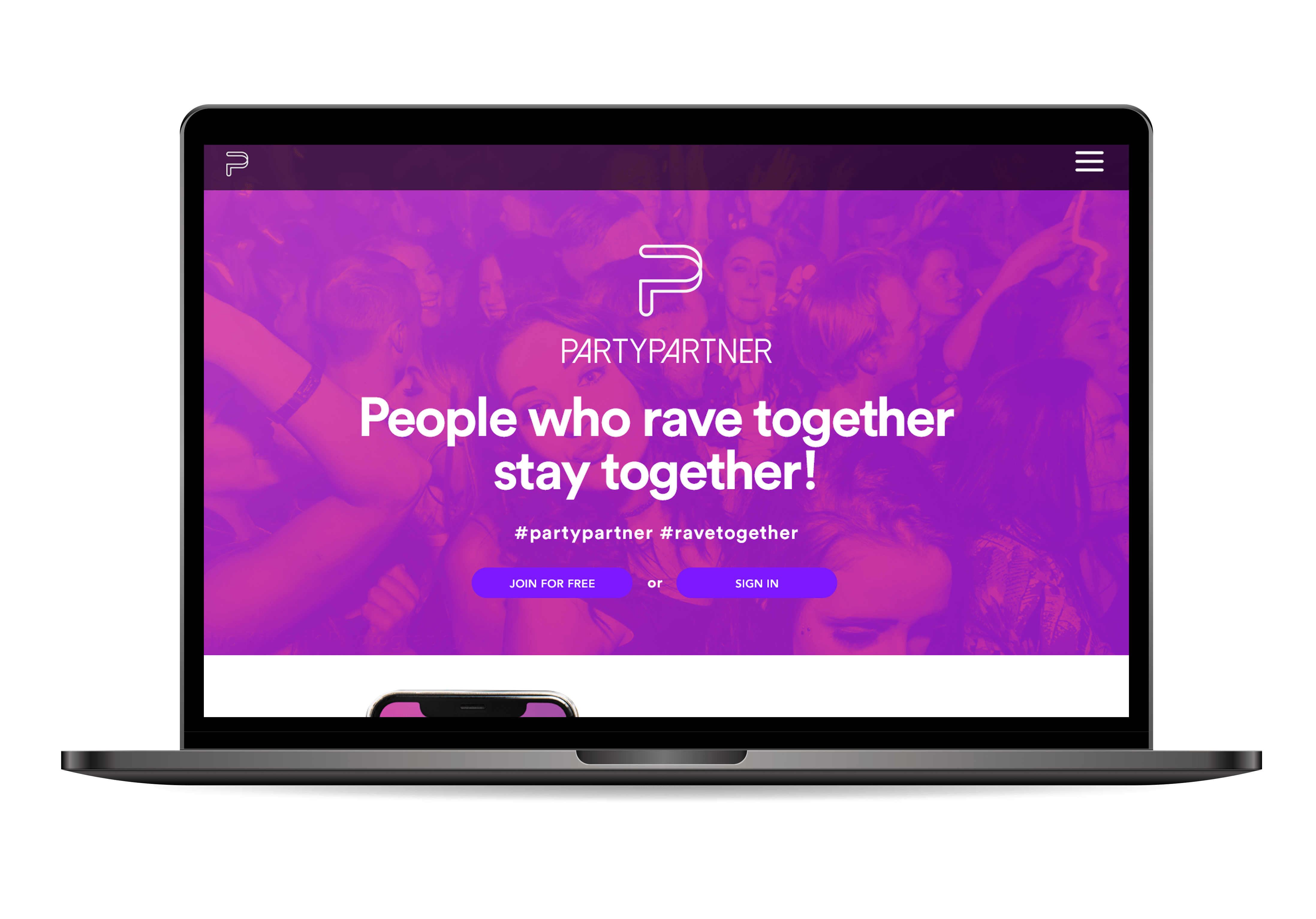 Link to Party Partner page. Image of homepage on laptop.