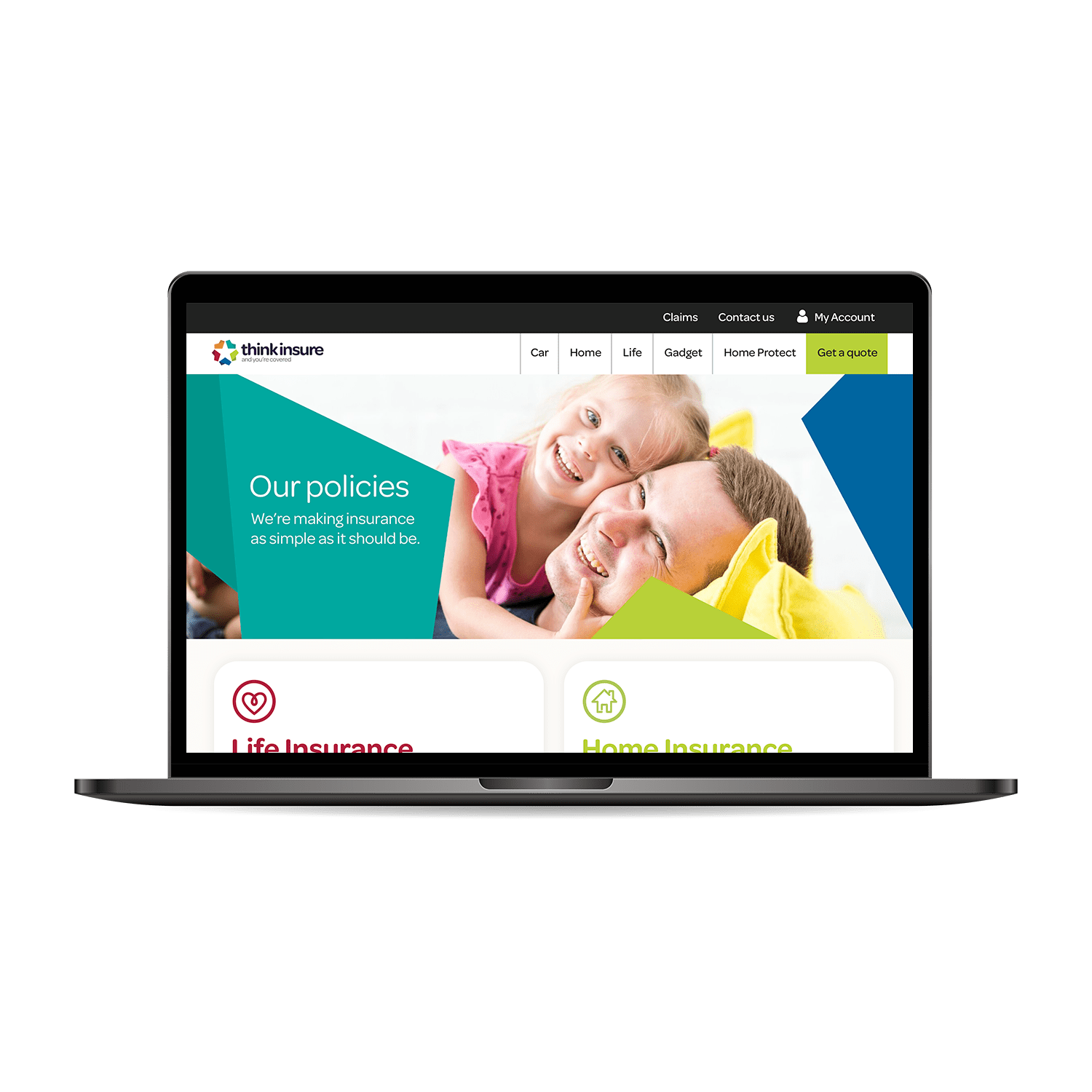 Link to Think Insure page. Think Insure home page on laptop.