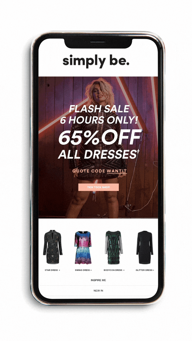 Link to Simply Be page. Animated email on mobile